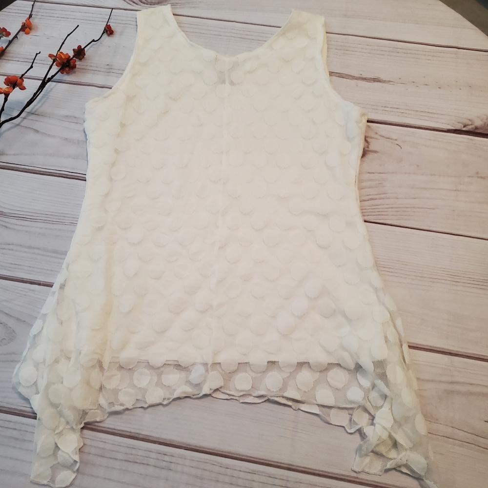 5/25 Shannon Ford White Layered Sleeveless Dots Shark Bite Lined Top Shirt L - Picture 6 of 6
